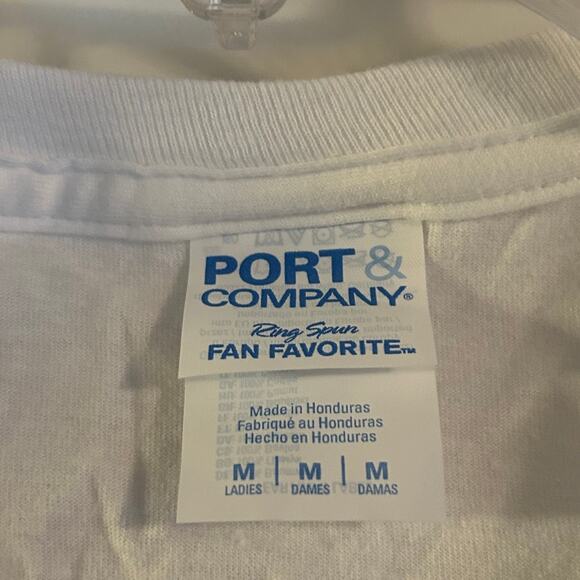 NWOT Port and Company Women's White Short Sleeve T Shirt 'Our Flock Rocks' Sz M - Picture 3 of 4